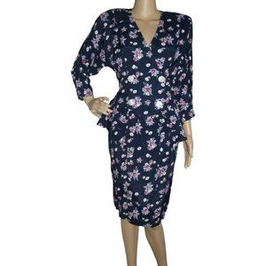 Jonathan Martin Dress Sz 7/8 vtg Navy Blue Floral Wrap Peplum m below knee rayon